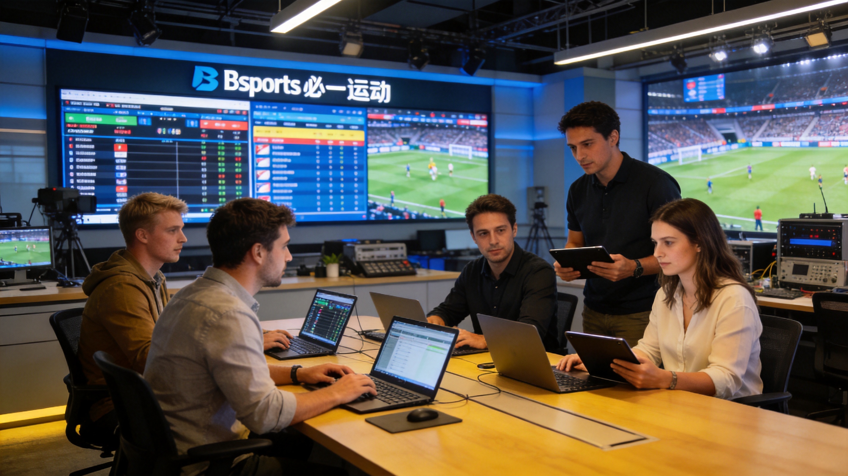 Bsports必一运动办公团队在演播厅分析比赛数据